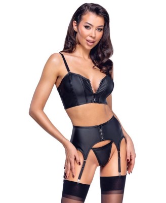 Cottelli Top Set - Czarny Komplet Wetlook - Gorset, Pas do Pończoch, Stringi - L