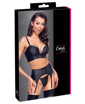 Cottelli Top Set - Czarny Komplet Wetlook - Gorset, Pas do Pończoch, Stringi - M
