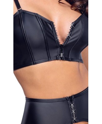 Cottelli Top Set - Czarny Komplet Wetlook - Gorset, Pas do Pończoch, Stringi - M