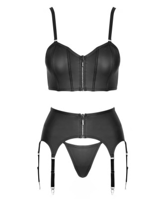 Cottelli Top Set - Czarny Komplet Wetlook - Gorset, Pas do Pończoch, Stringi - M