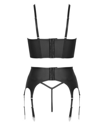 Cottelli Top Set - Czarny Komplet Wetlook - Gorset, Pas do Pończoch, Stringi - M