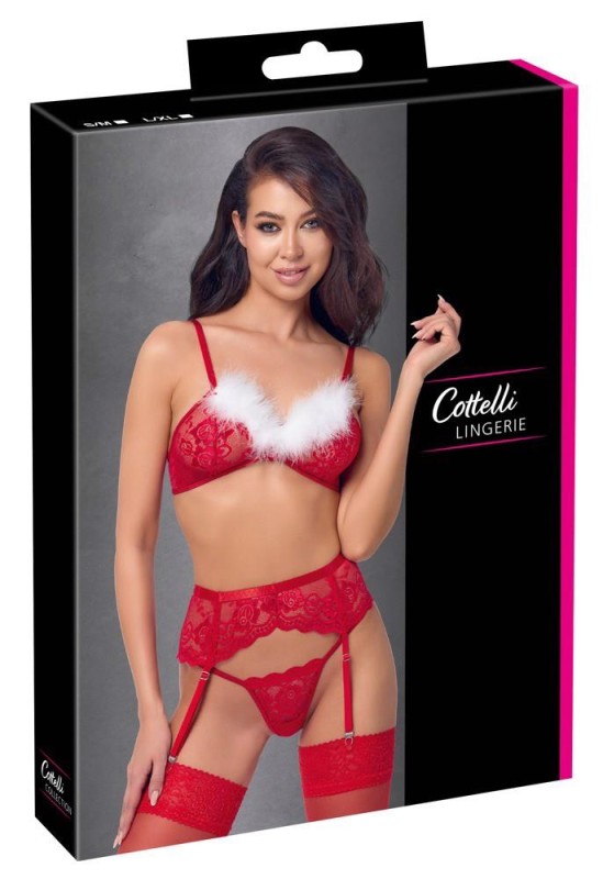 Cottelli X-Mas Bra Set - Czerwony Komplet Koronkowy Śnieżynki - L/XL