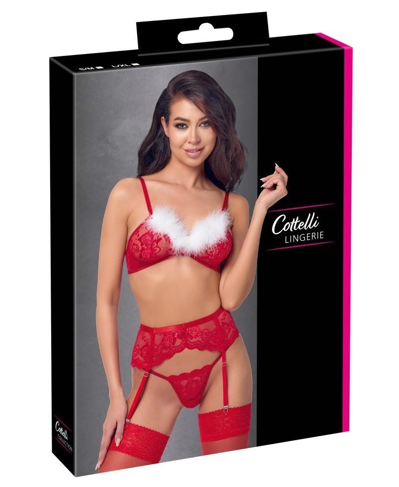 Cottelli X-Mas Bra Set - Czerwony Komplet Koronkowy Śnieżynki - L/XL