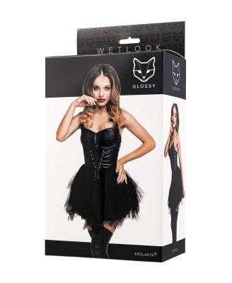 Glossy Elisia - Sukienka Wetlook z Tiulem - Czarna - XL
