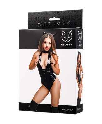 Glossy Kitti - Body Wetlook z Uszami Kota w Zestawie - Czarne - S