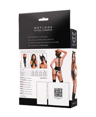 Glossy Kitti - Body Wetlook z Uszami Kota w Zestawie - Czarne - S