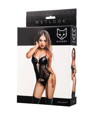 Glossy Miriam - Czarny Komplet Wetlook Top i Stringi - S - Seksowna Domina