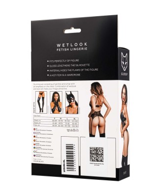 Glossy Miriam - Czarny Komplet Wetlook Top i Stringi - S - Seksowna Domina