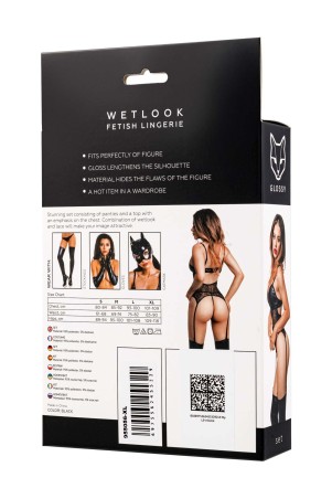 Glossy Miriam - Czarny Komplet Wetlook Top i Stringi - XL - Seksowna Domina