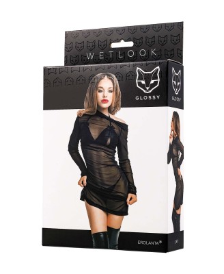 Glossy Sheril - Komplet Wetlook z Sukienką z Tiulu - Czarny - L - Seksowna Domina