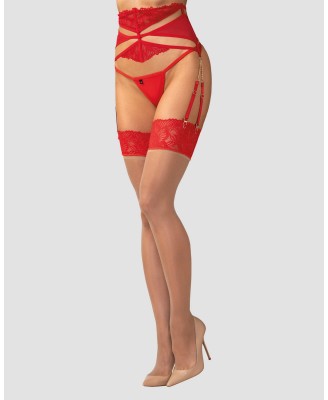 Obsessive Matildea - Pończochy do Pasa do Pończoch - Czerwone - L/XL - Kobieta w Sexy Pończochach
