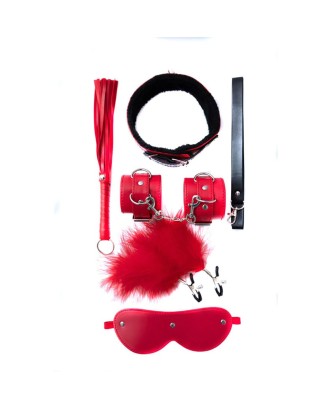 Fantasy „Play With Me” Bondage Set - Zestaw BDSM - 5 elementów - kajdanki, opaska na oczy, pejcz, knebel