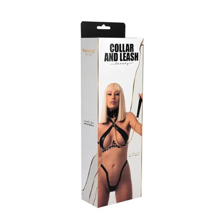 Fantasy Regulowana obroża z odpinaną smyczą - Czarna