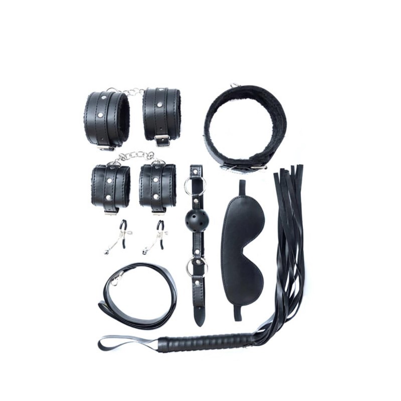 Fantasy - Zestaw BDSM - 7 Elementów - Czarny - kajdanki, opaska na ocz, pejcz, knebel