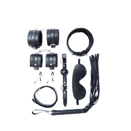 Fantasy - Zestaw BDSM - 7 Elementów - Czarny - kajdanki, opaska na ocz, pejcz, knebel