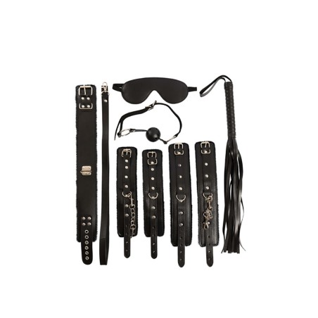 Fantasy - Zestaw BDSM - 7 Elementów - Czarny - kajdanki, opaska na ocz, pejcz, knebel