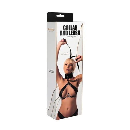 Fantasy - Regulowana obroża z odpinaną smyczą - Czarna - Skóra PU