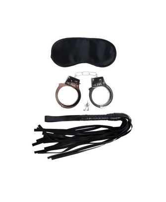 Fantasy - Czarny Zestaw BDSM - 3 Elementy - kajdanki opaska na oczy pejcz