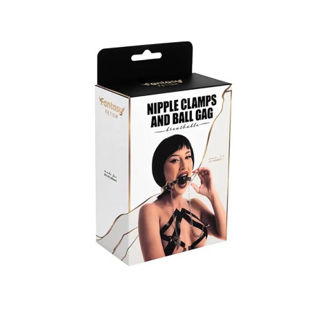 Fantasy - Czarny Knebel Kulka z Łańcuszkiem i Klamrami na Sutki