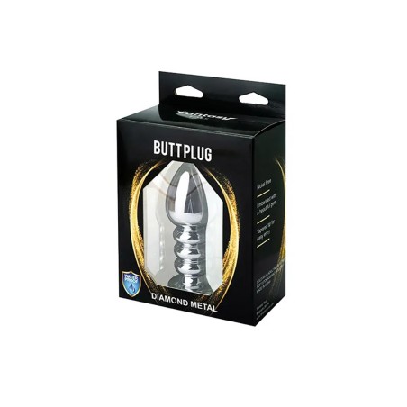 Fantasy - Srebrny Żebrowany Korek Analny z Czarnym Kryształkiem - Duży