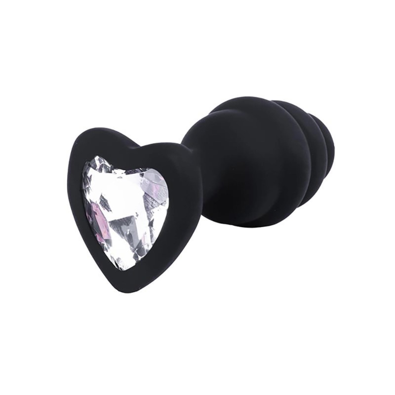 Fantasy BUTT PLUG - Czarny Żebrowany Korek Analny z Kryształkiem Serce - Mały