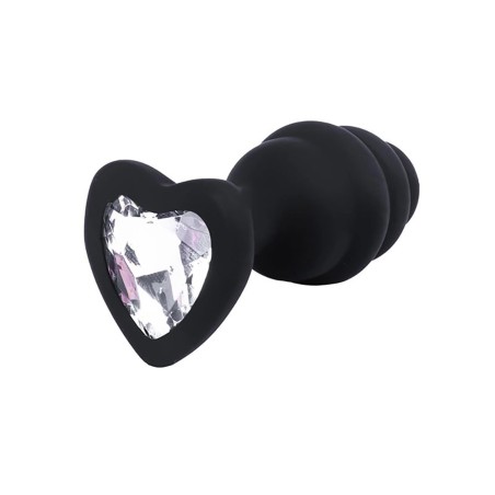 Fantasy BUTT PLUG - Czarny Żebrowany Korek Analny z Kryształkiem Serce - Mały
