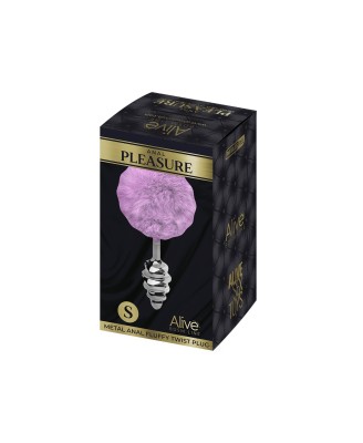 Alive Metal Anal Fluffy Twist Plug S - Mały korek Analny z Kitką - Jasny Fiolet