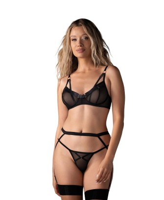 Obsessive Euridia 3-częściowy Komplet z Pasem do Pończoch - Czarny - XL/2XL