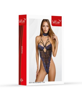 SoftLine Collection Koronkowe Body z Chokerem 11030 Niebiesko-Czarne - 2XL