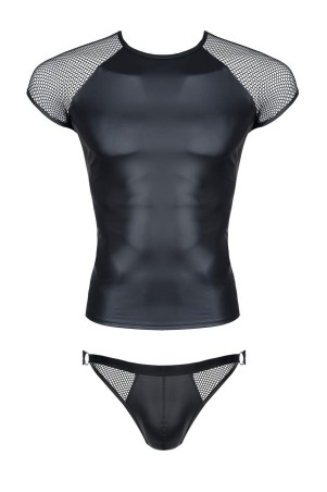 męski komplet z wetlooka i elastycznej siatki: t-shirt, figi z otwartym tyłem L