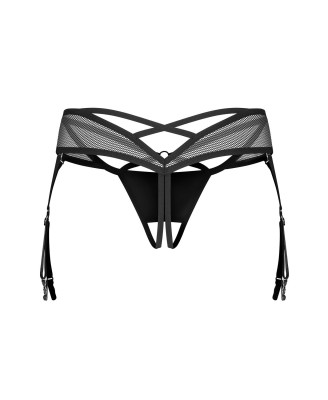 Obsessive Dominna Stringi Otwarte z Pasem do Pończoch - Czarne - S/M