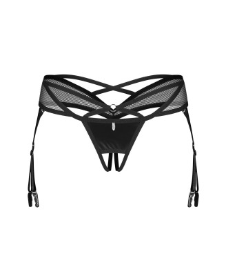 Obsessive Dominna Stringi Otwarte z Pasem do Pończoch - Czarne - 2XL/3XL