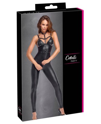 Cottelli Jumpsuit Harness - Kombinezon Wetlook z Uprzężą - Czarny - L