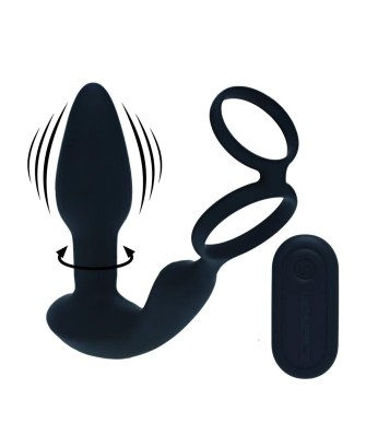 Dual Vibrating Remote Rotating Beads Silicone Prostate Stimulator with Cock and Ball Ring - Black