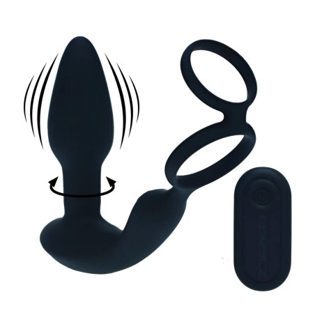 Dual Vibrating Remote Rotating Beads Silicone Prostate Stimulator with Cock and Ball Ring - Black