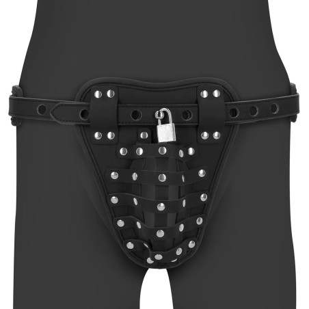 OUCH! Xtreme PU Leather Chastity Jock - Majtki Pas Cnoty - Czarne