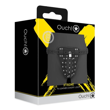 OUCH! Xtreme PU Leather Chastity Jock - Majtki Pas Cnoty - Czarne