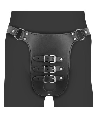 PU Leather Chastity Belt with Straps - Black