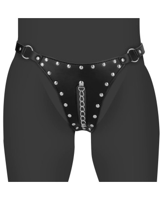 PU Leather Chastity Thong with Chain Detail - Black