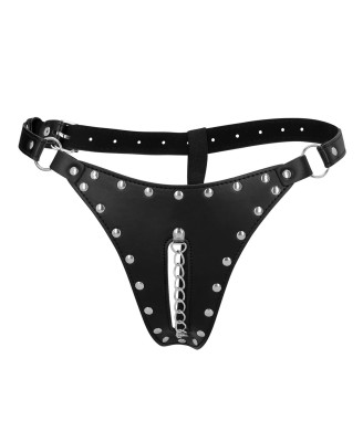 PU Leather Chastity Thong with Chain Detail - Black
