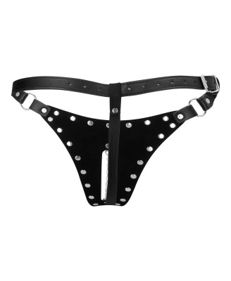 PU Leather Chastity Thong with Chain Detail - Black