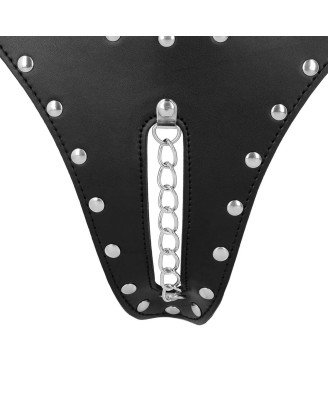 PU Leather Chastity Thong with Chain Detail - Black