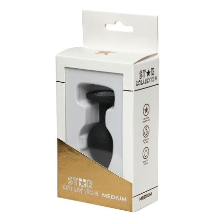 Star Collection - Czarny metalowy korek analny M - Bezbarwny Kryształ