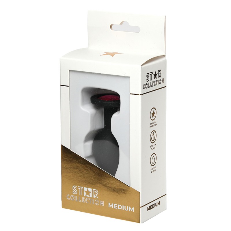 Star Collection - Czarny Silikonowy korek analny M - Różowy Kryształ