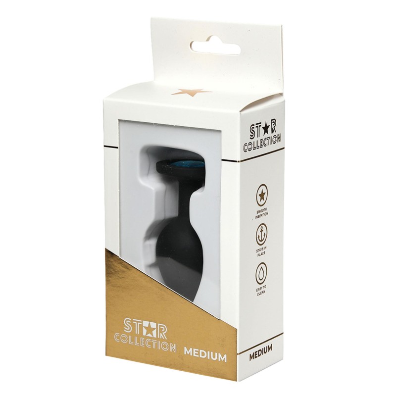 Star Collection - Czarny Silikonowy korek analny M - Niebieski Kryształ