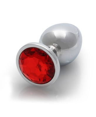 Round Gem Butt Plug - Metalowy Korek Analny z Kryształkiem - Czerwony - L