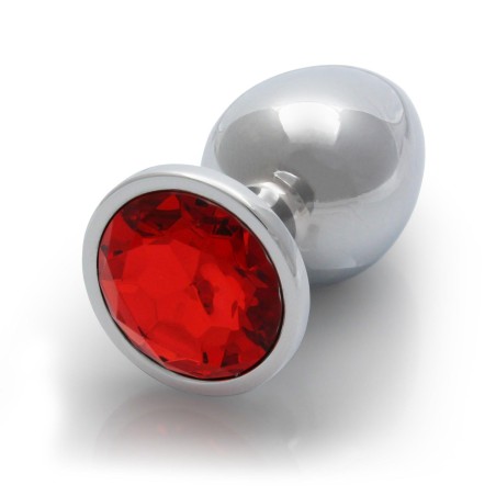 Round Gem Butt Plug - Metalowy Korek Analny z Kryształkiem - Czerwony - L