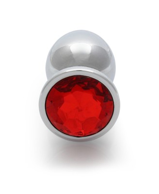 Round Gem Butt Plug - Metalowy Korek Analny z Kryształkiem - Czerwony - L