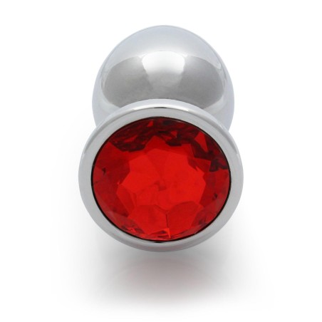 Round Gem Butt Plug - Metalowy Korek Analny z Kryształkiem - Czerwony - L