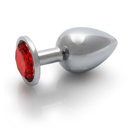 Round Gem Butt Plug - Metalowy Korek Analny z Kryształkiem - Czerwony - L
